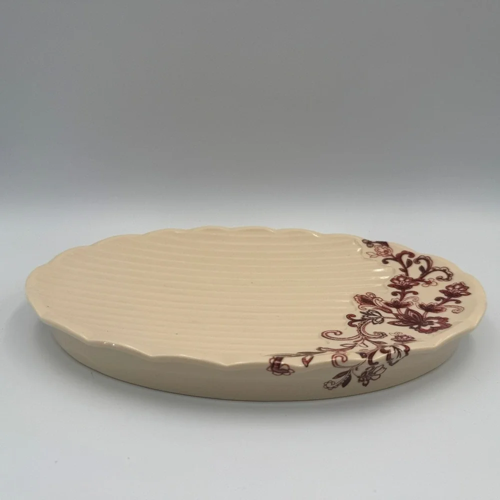 Reba Cream Ceramic Oval Serving Platter Burgundy Floral Scalloped Ribbed Serving
